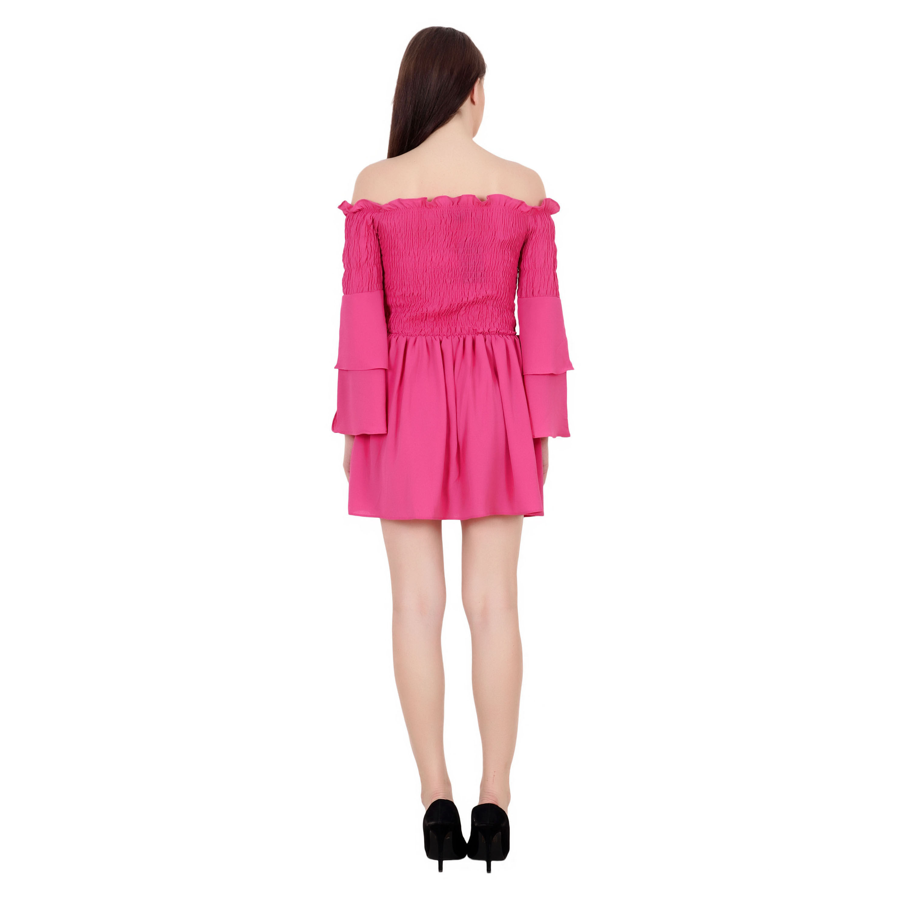 PINK OFF SHOULDER BELL SLEEVE FLARED MIDI